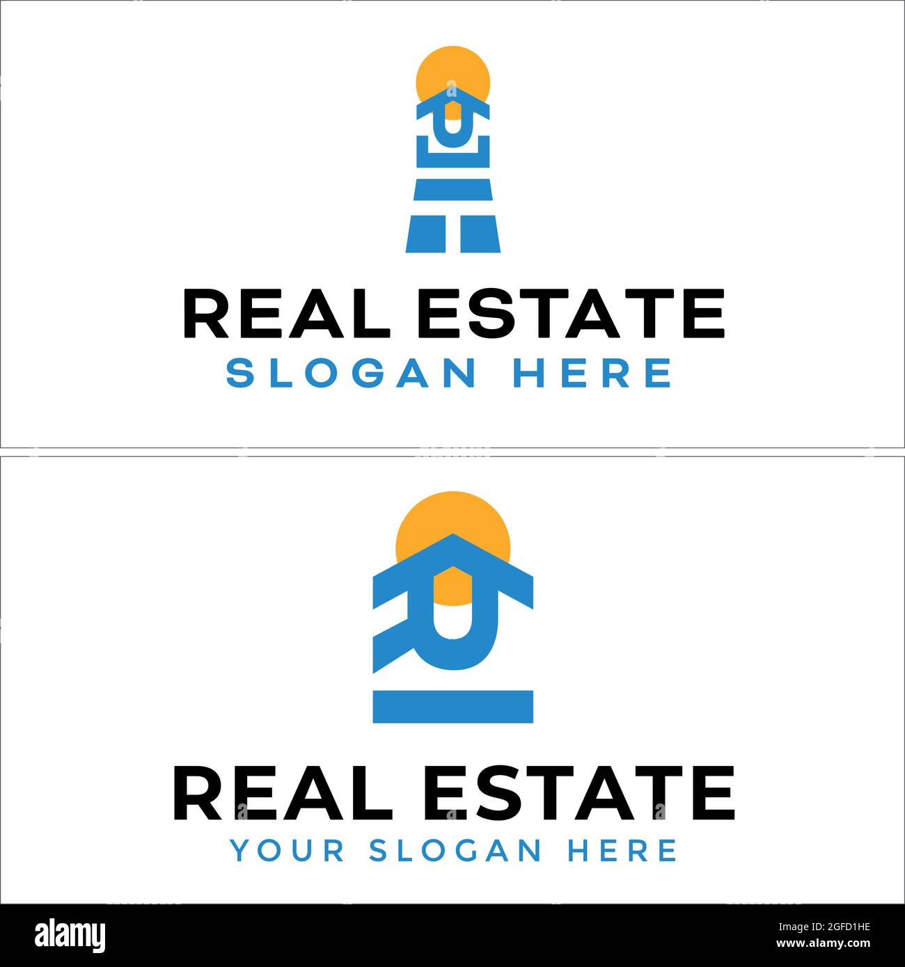 Immobilier avec le logo de phare de maison de soleil Illustration de Vecteur