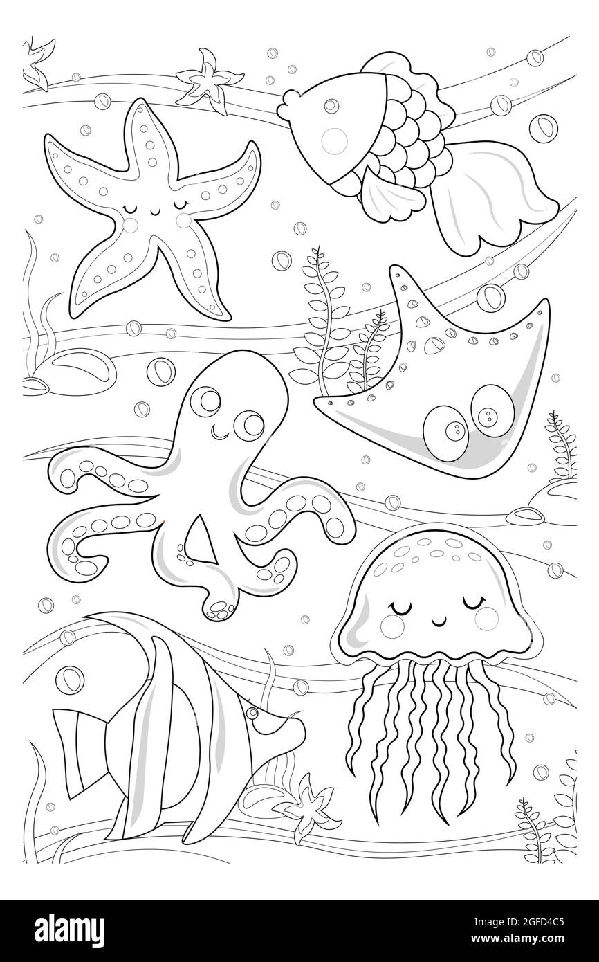 Monde sous-marin avec poissons, algues, calmar, pieuvre, étoiles de mer, méduses. pour les enfants. Livre de coloriage vectoriel vie marine. Coloriage page vie marine. Illustration de Vecteur