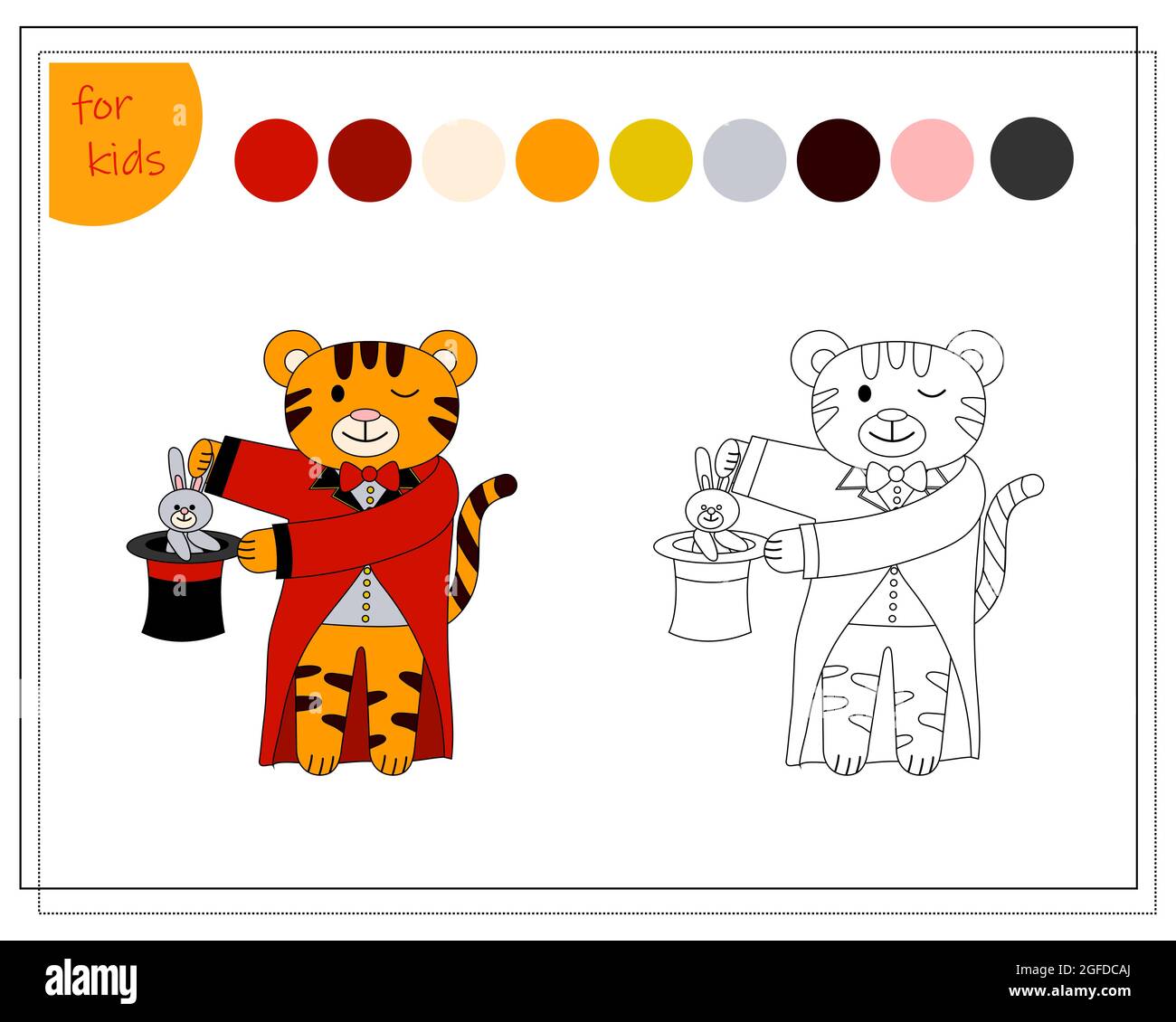 Livre de coloriage pour les enfants par couleurs. tigre dans le cirque, nouvel an chinois. Vecteur isolé sur fond blanc. Illustration de Vecteur