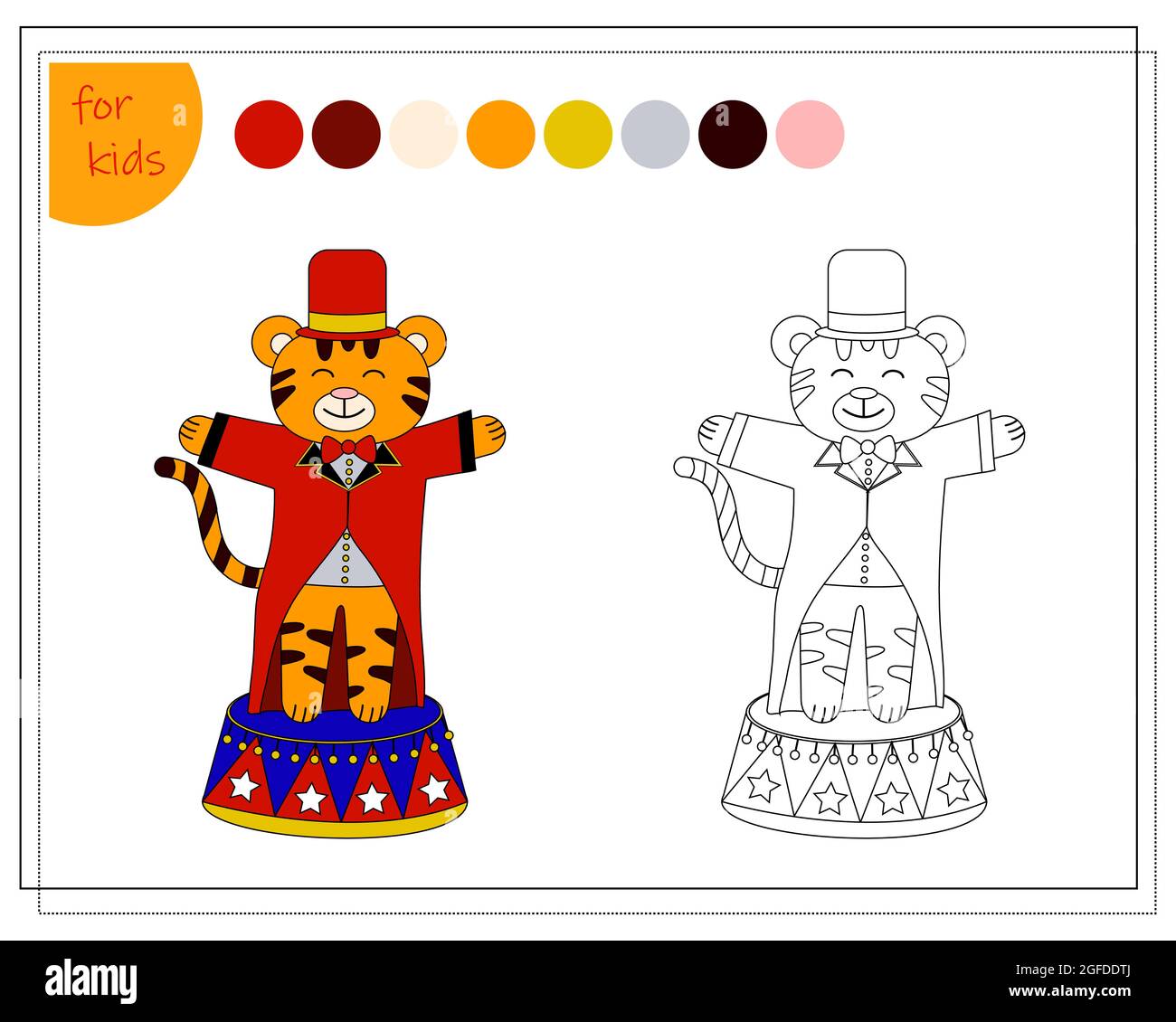 Livre de coloriage pour les enfants par couleurs. tigre dans le cirque, nouvel an chinois. Vecteur isolé sur fond blanc. Illustration de Vecteur