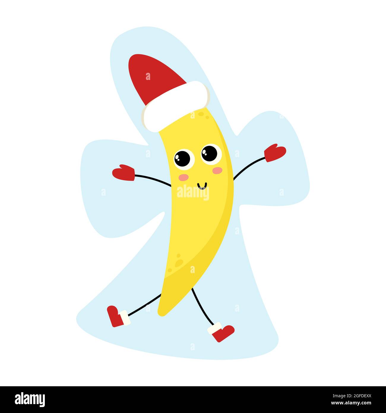 Drôle de personnage de bande dessinée banane dans le chapeau de père noël  rouge. Frais kawaii fruit d'hiver. Créer un ange de neige. Joyeux Noël ou  mascotte du nouvel an pour une