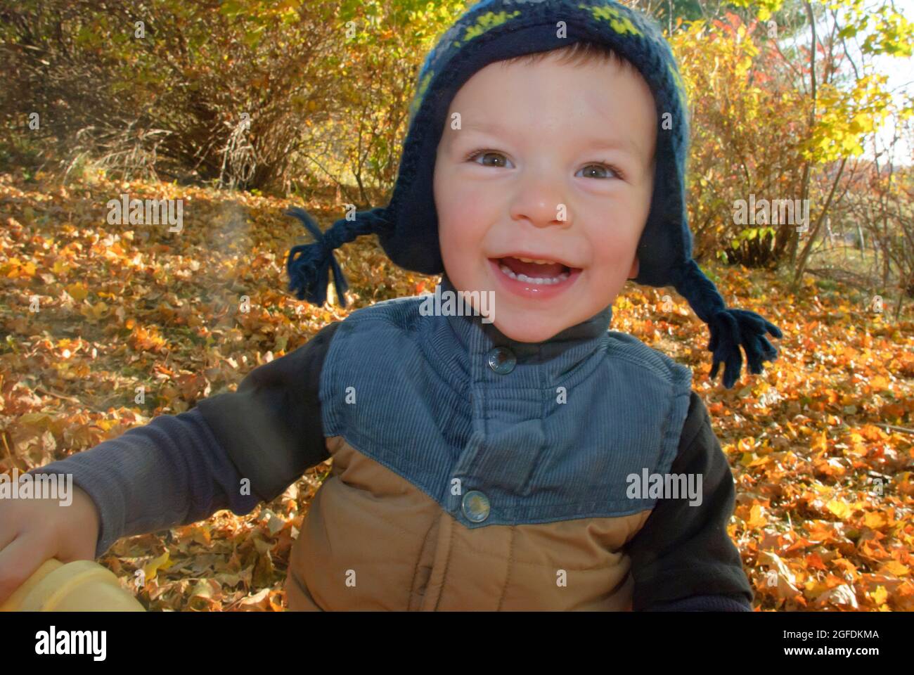 Gros plan sur le petit garçon jouant dans les feuilles d'automne Banque D'Images