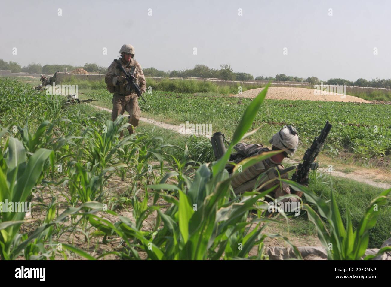 Sgt. Jonathan Delgado, chef d'équipe de la Compagnie E, 2e Bataillon, 8e Régiment de Marine, court à l'un de ses Cpl lance. Josh Vance, l'un de ses chefs d'équipe) alors qu'il était sous le feu des insurgés talibans ici le 13 août. Delgado est de Kissimmee, Fla Vance est de Raleigh, en Caroline du Nord Banque D'Images