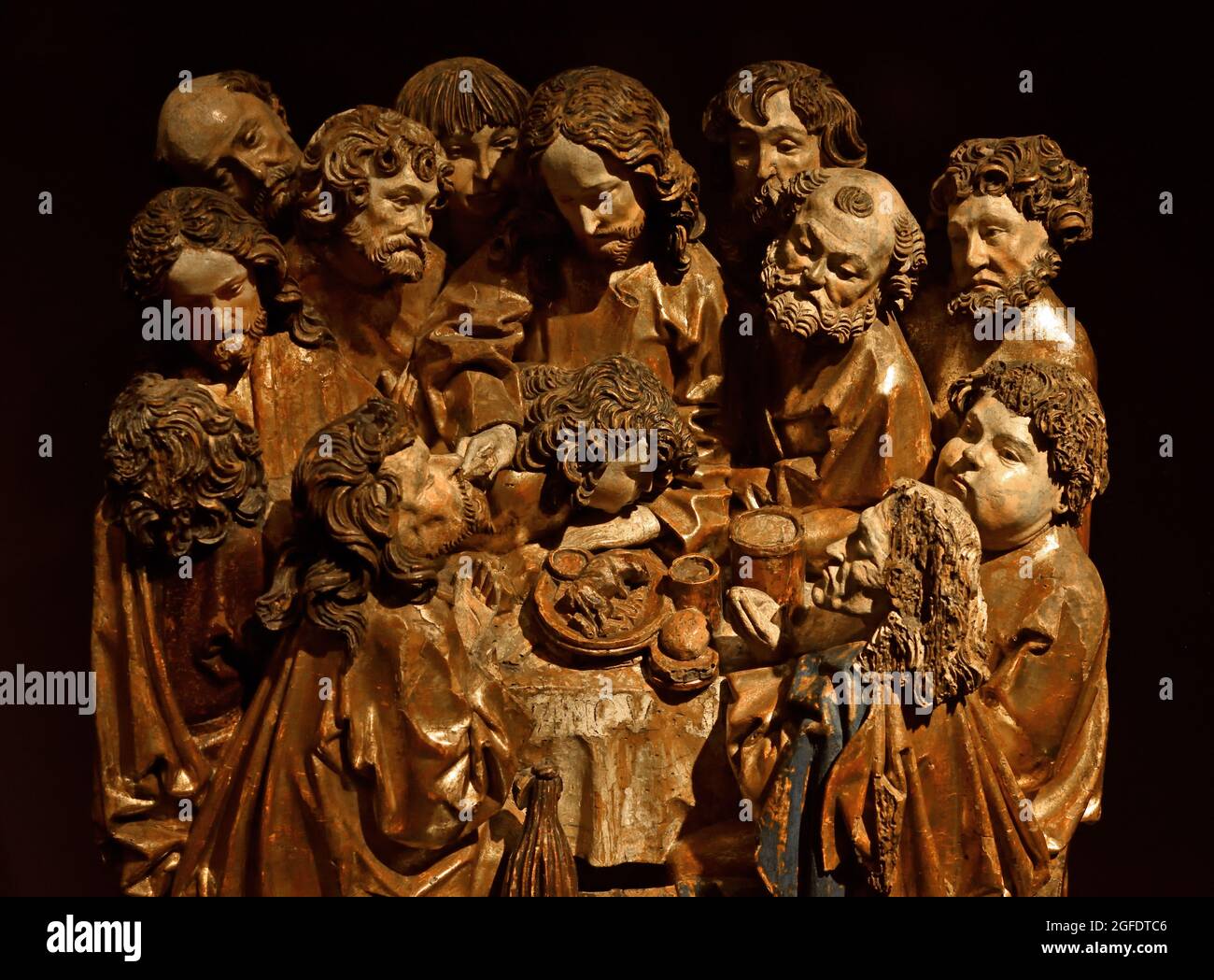 La Cène à Emmaus, 1520 Ulm, allemand, Allemagne, dording, Dépeignent des scènes de la vie du Christ dans laquelle il apparaît à une table de repas. À l'origine, ils ont fait partie d'un grand autel sculpté. Les scènes se réfèrent à la célébration de la messe, quand le pain et le vin sont présentés à l'autel comme le corps et le sang du Christ Banque D'Images