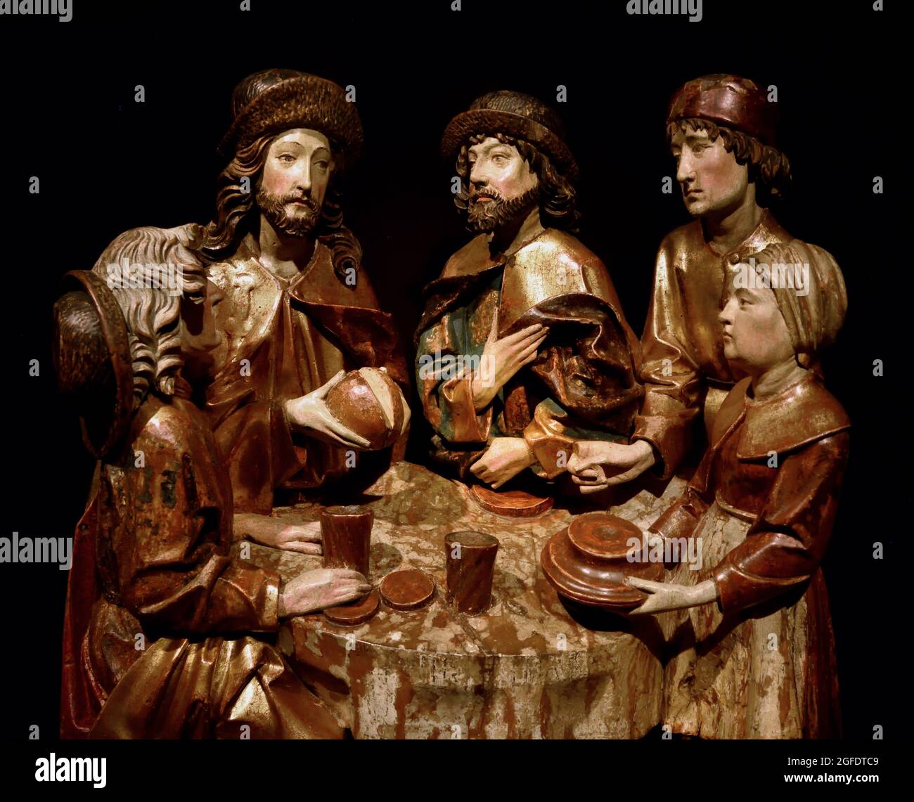 La Cène à Emmaus, 1520 Ulm, allemand, Allemagne, dording, Dépeignent des scènes de la vie du Christ dans laquelle il apparaît à une table de repas. À l'origine, ils ont fait partie d'un grand autel sculpté. Les scènes se réfèrent à la célébration de la messe, quand le pain et le vin sont présentés à l'autel comme le corps et le sang du Christ Banque D'Images