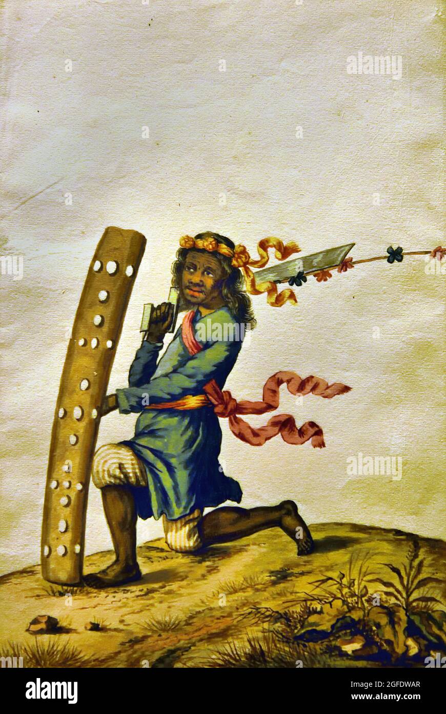 Ambonese dansant guerrier en robe bleue, Indonésie, peintre anonyme conçu par: Andries Beeckman 1675 - 1725 papier aquarelle néerlandais les pays-Bas. Banque D'Images Ambonese dansant guerrier en robe bleue, Indonésie, peintre anonyme conçu par: Andries Beeckman 1675 - 1725 papier aquarelle néerlandais les pays-Bas. Banque D'Images