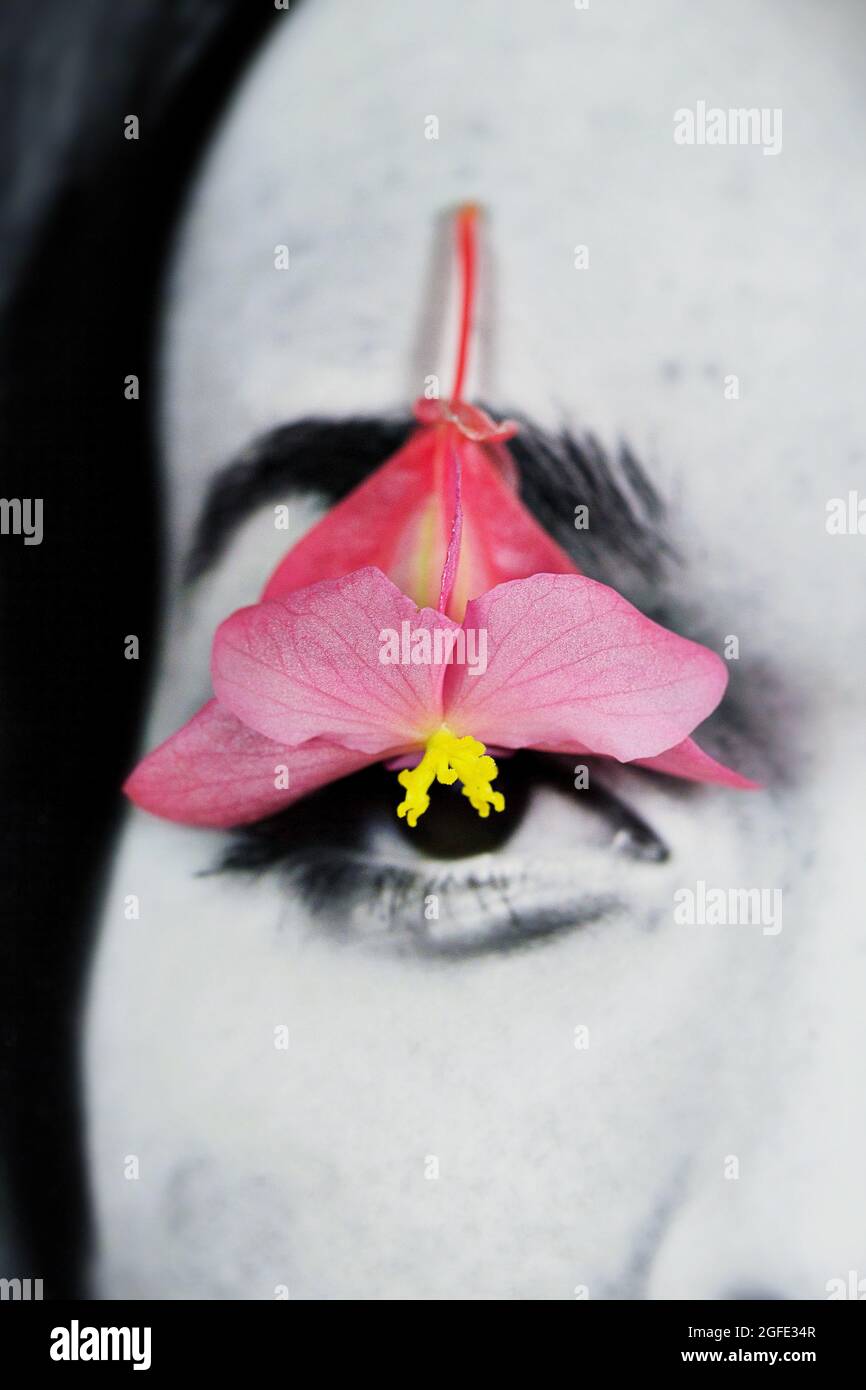 Le visage d'une femme avec une fleur sur un globe oculaire. Banque D'Images