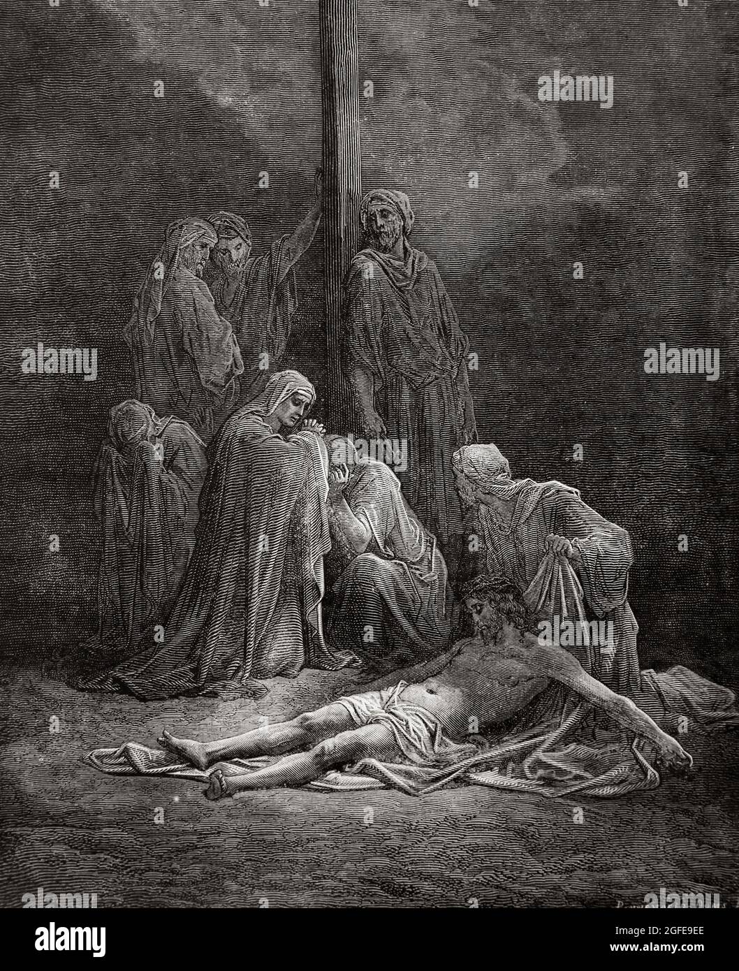 Illustration du Christ mort après Crucifixion par Gustave Dore Matthieu 27:59 - Christ descendu de la Croix et dans les bras de mère Marie Banque D'Images