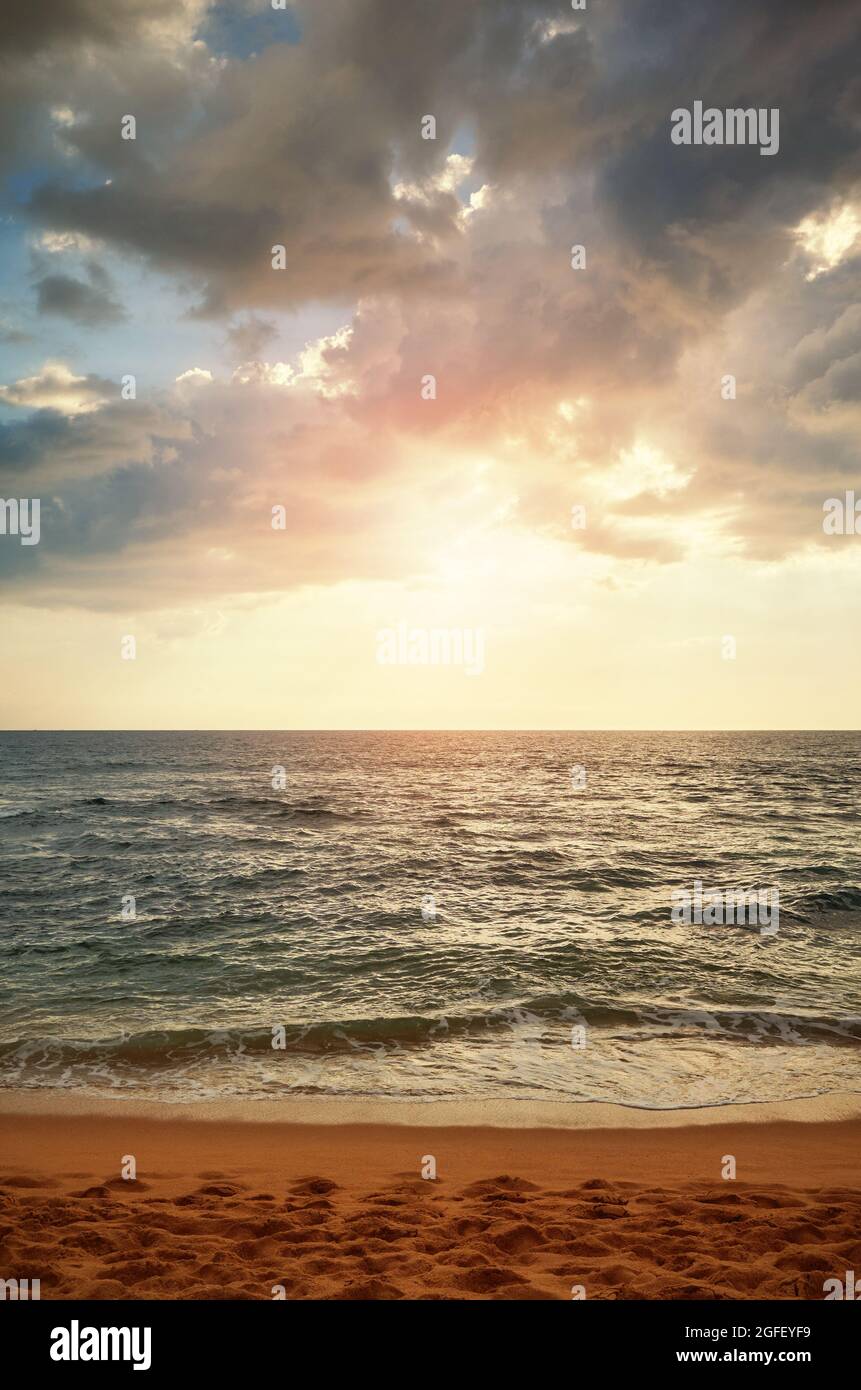 Plage tropicale au beau coucher du soleil, Sri Lanka. Banque D'Images