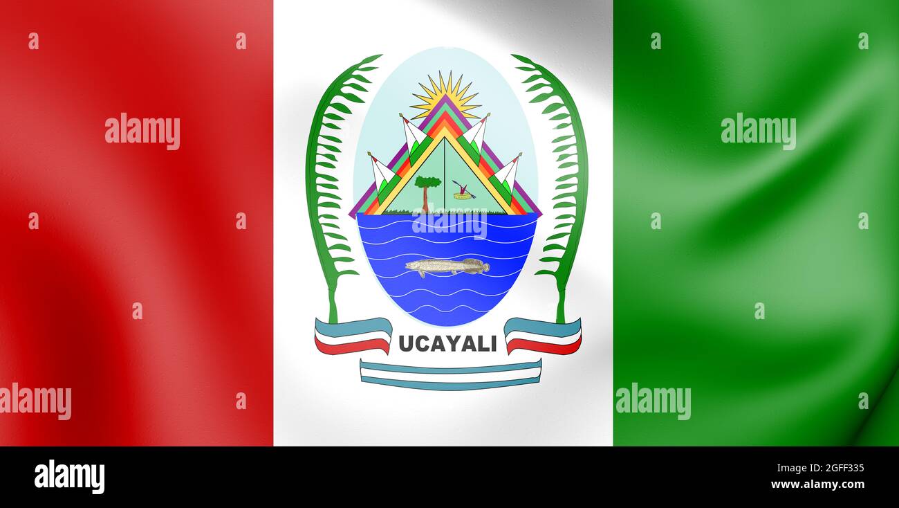 Drapeau 3D d'Ucayali en Atlas, Pérou. Illustration 3D. Banque D'Images