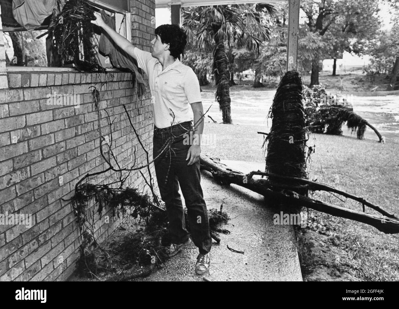 San Marcos Texas USA, vers 1988 : les résidents arpentaient les dégâts causés par les inondations sur le campus de l'État du sud-ouest du Texas, le long de la rivière San Marcos. ©Bob Daemmrich Banque D'Images