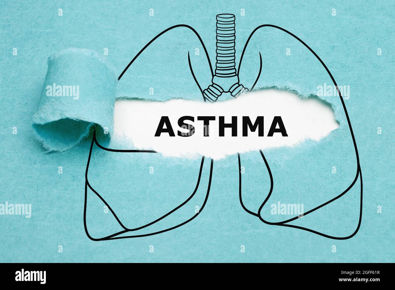 Concept médical avec le mot Asthma apparaissant derrière un papier bleu déchiré dans les poumons humains dessinés. Banque D'Images