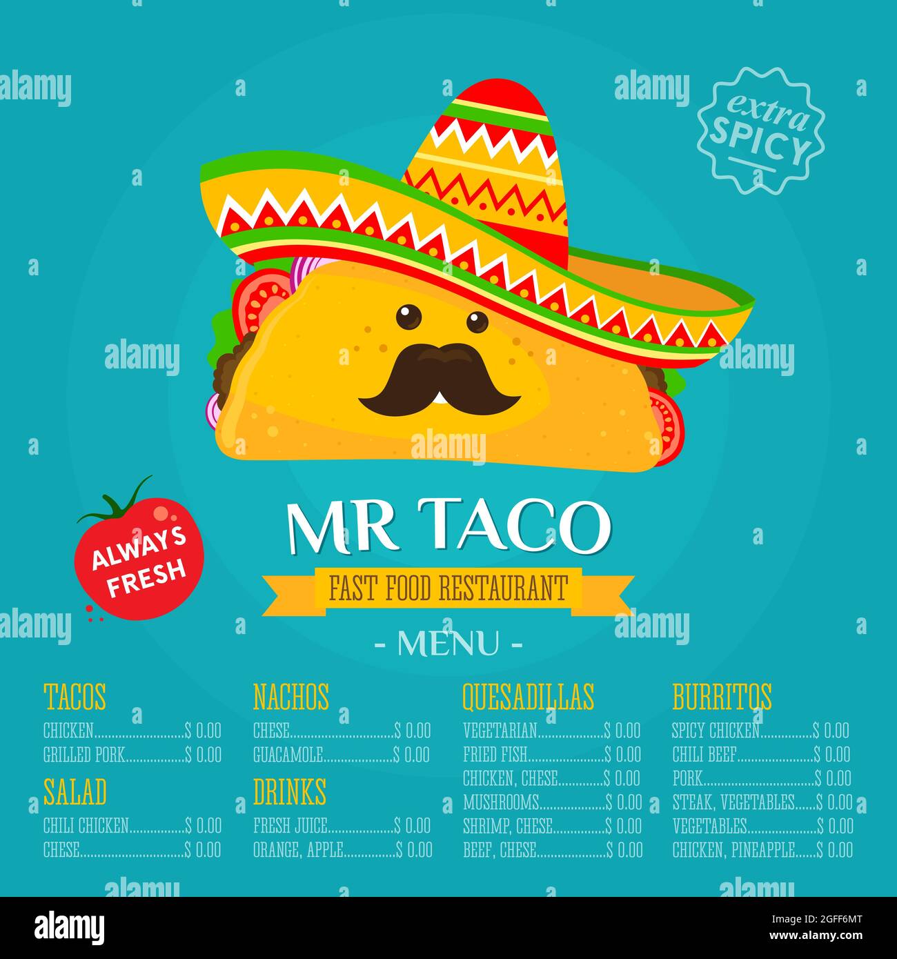 Caricaturas M. Tacos avec une moustache dans un chapeau mexicain et un maracas dans sa main Illustration de Vecteur