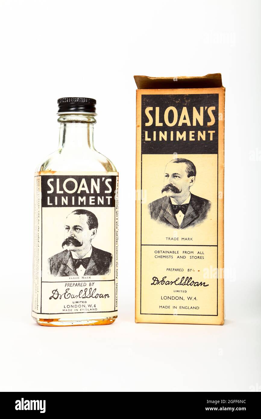 Vintage Sloann's liniment muscle douleur remède pommade utilisé pour traiter des maux tels que les foulures, les entorses, le mal de dos et la sciatique Banque D'Images