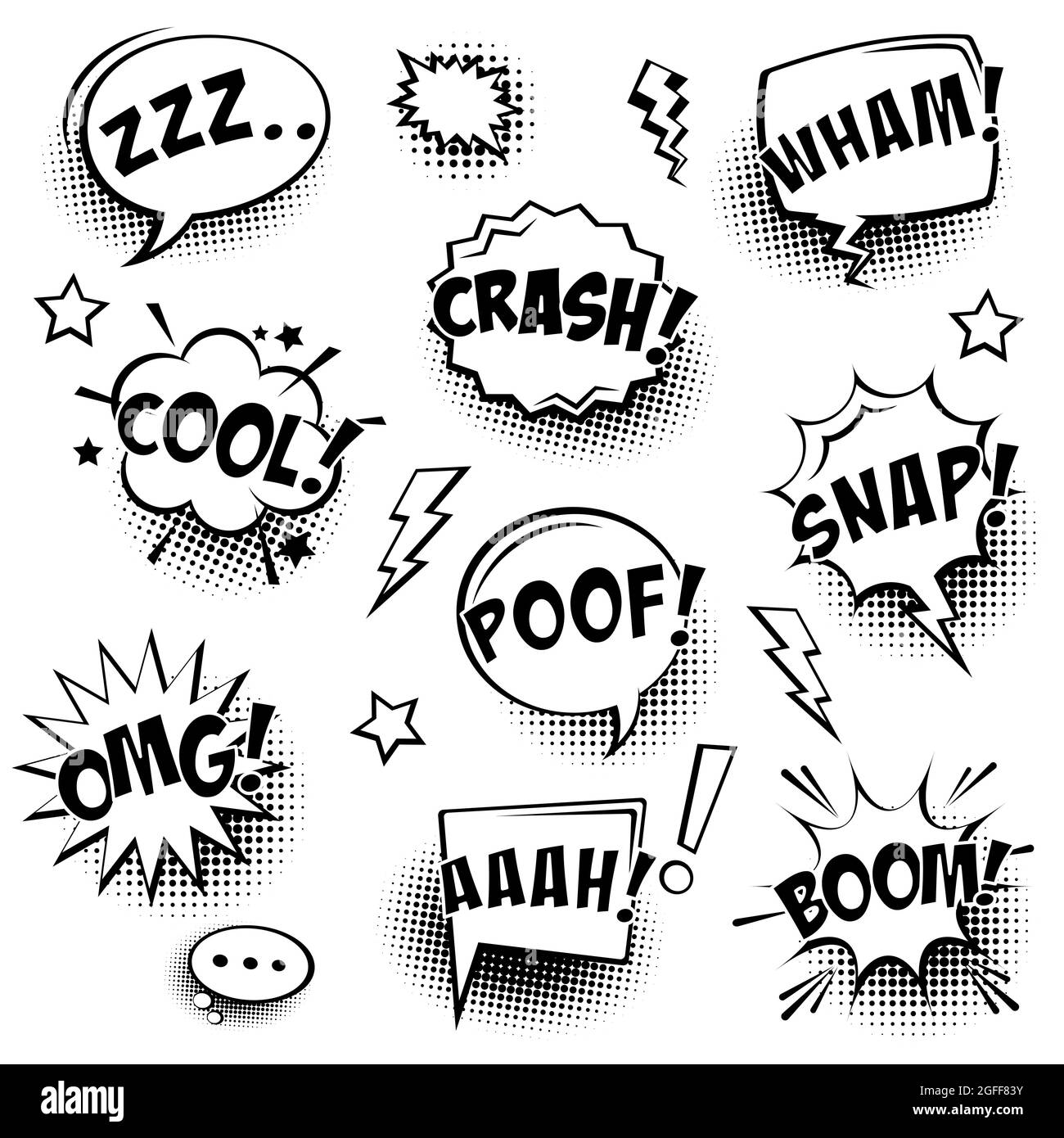 Bulles de langage comique avec ombres demi-teintes et texte isolé sur fond blanc. Autocollants de dessin animé rétro dessinés à la main. Style pop art. Vecteur Illustration de Vecteur