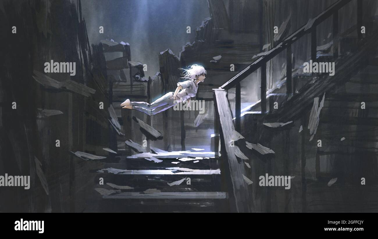 jeune femme flottant dans l'air dans une maison abandonnée, style d'art numérique, peinture d'illustration Banque D'Images