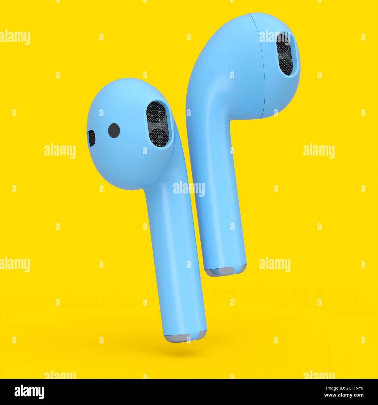 Casque Bluetooth sans fil bleu isolé sur fond jaune. Rendu 3D des accessoires pour écouter de la musique ou travailler à distance depuis la maison Banque D'Images Casque Bluetooth sans fil bleu isolé sur fond jaune. Rendu 3D des accessoires pour écouter de la musique ou travailler à distance depuis la maison Banque D'Images