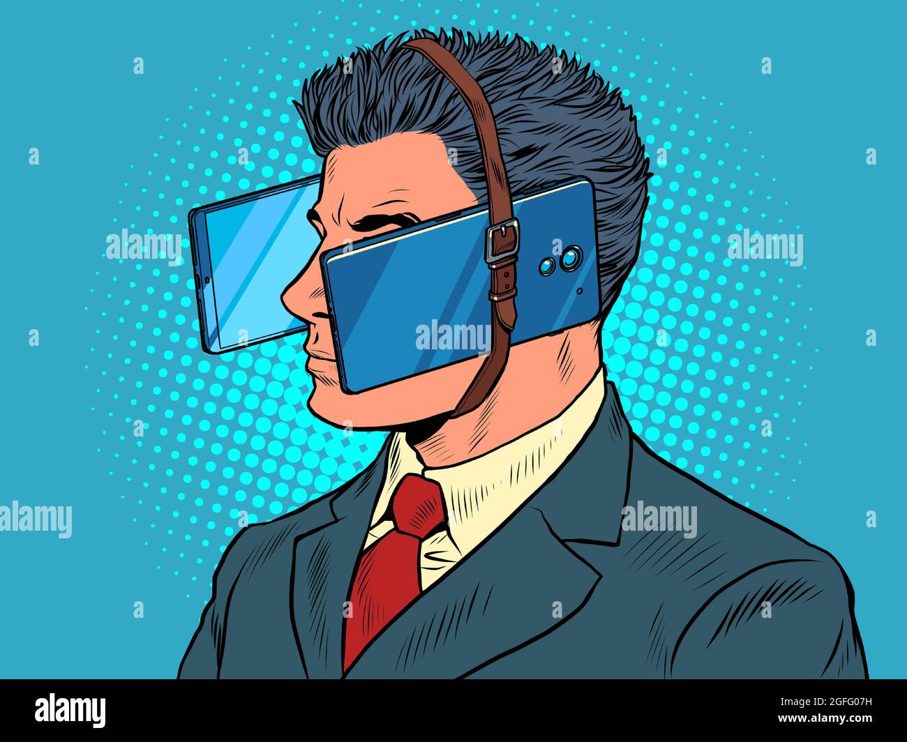Réalité virtuelle Un homme d'affaires est passionné par les smartphones Illustration de Vecteur