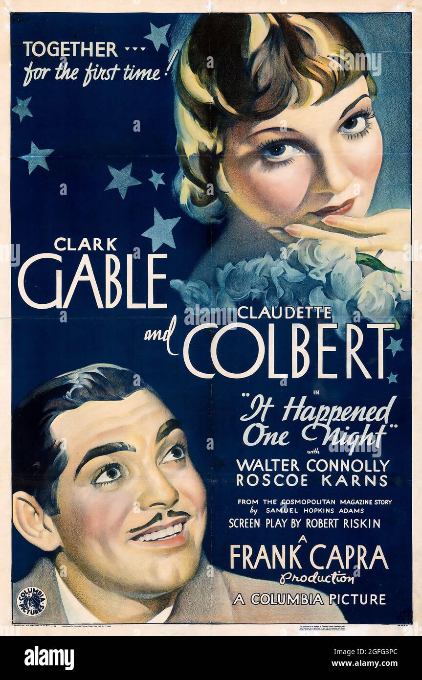 Poster de film: Il s'est passé une nuit (1934): Réalisé par Frank Capra. Avec Clark Gable, Claudette Colbert, Walter Connolly et Roscoe Karns. Banque D'Images