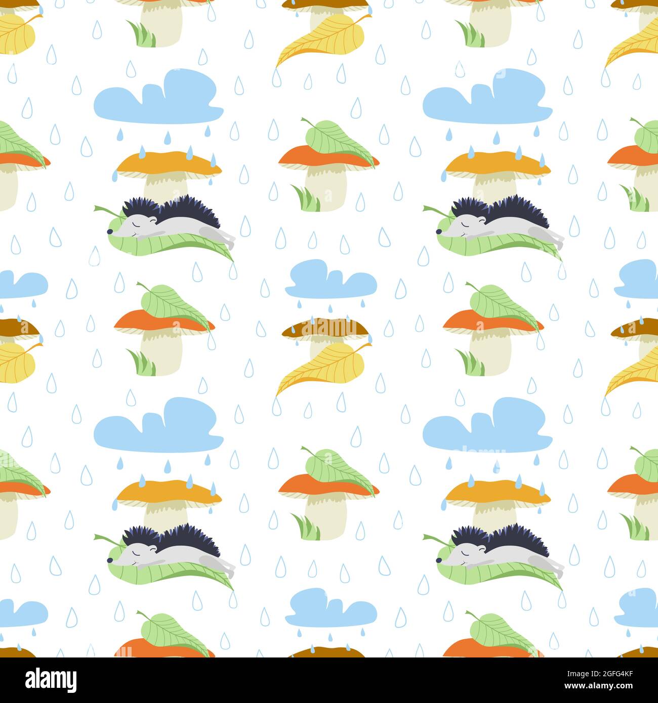 Motif d'automne vectoriel sans couture avec champignons, hérisson, feuilles, nuages et gouttes de pluie. Un mignon hérisson peut dormir sous un champignon sous la pluie. Illustration de Vecteur