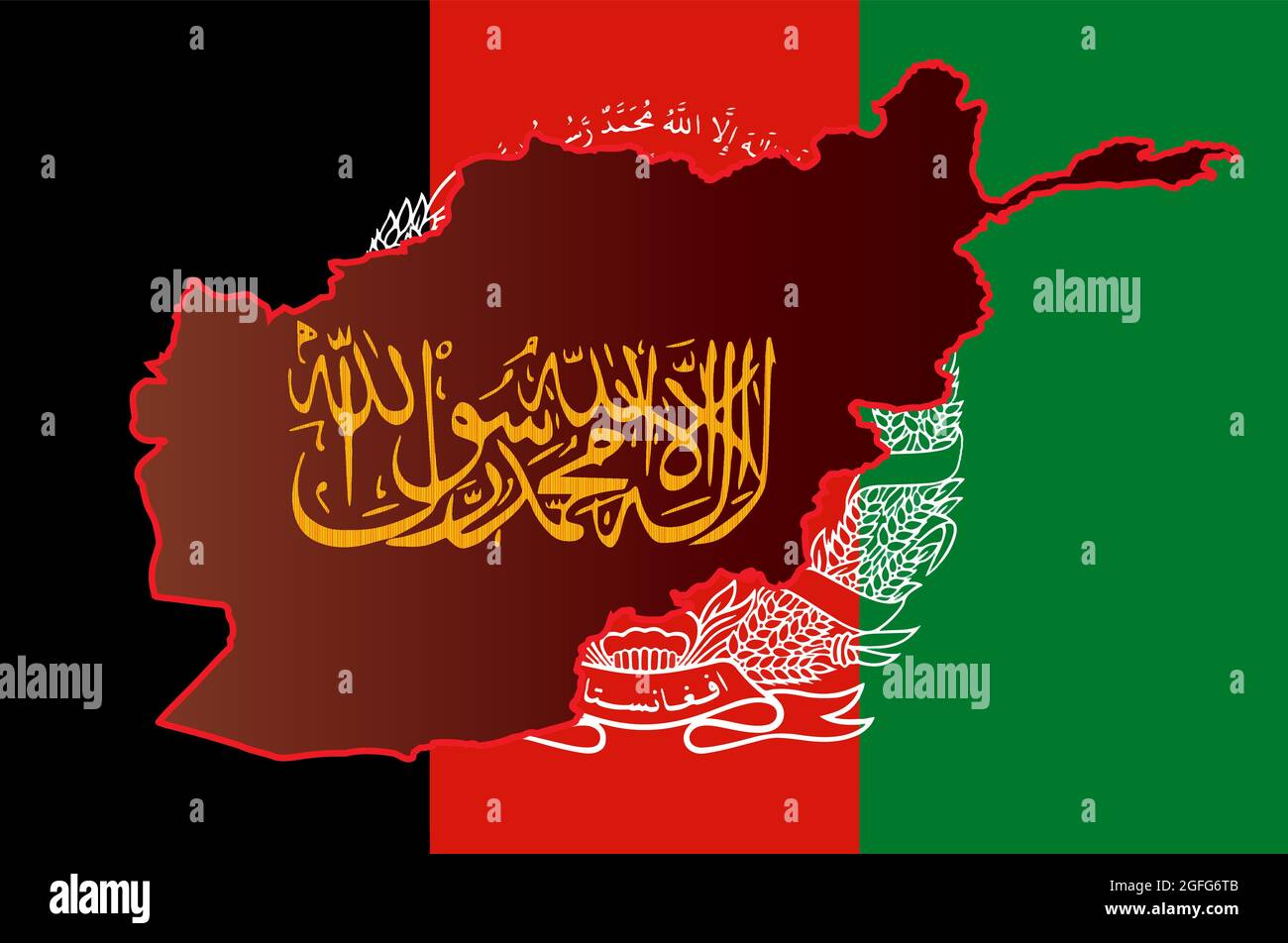 Écriture calligraphique des Taliban de la République islamique d'Afghanistan de Shahada sur une carte de contour. Carte sur le fond du drapeau de l'Afghanistan. Illustration de Vecteur