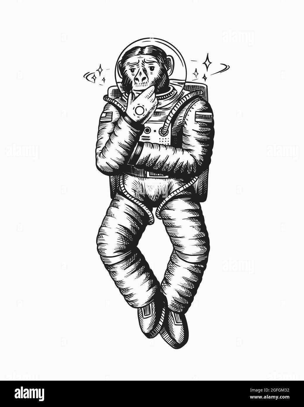 Astronaute de singe. Posture pensive et réfléchie. Chimpanzé cosmonaute cosmonaute. Animal à la mode. Ancien croquis monochrome gravé à la main Illustration de Vecteur