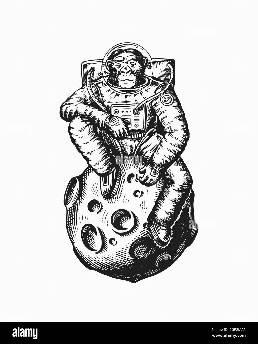 Monkey astronaute assis sur la lune. Chimpanzé cosmonaute cosmonaute. Caractère animal à la mode. Ancien croquis monochrome gravé à la main. Vecteur Illustration de Vecteur