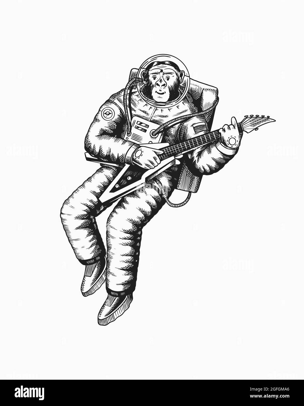 Monkey astronaute joue la guitare électrique. Chimpanzé cosmonaute cosmonaute. Animal à la mode. Ancien croquis monochrome gravé à la main Illustration de Vecteur