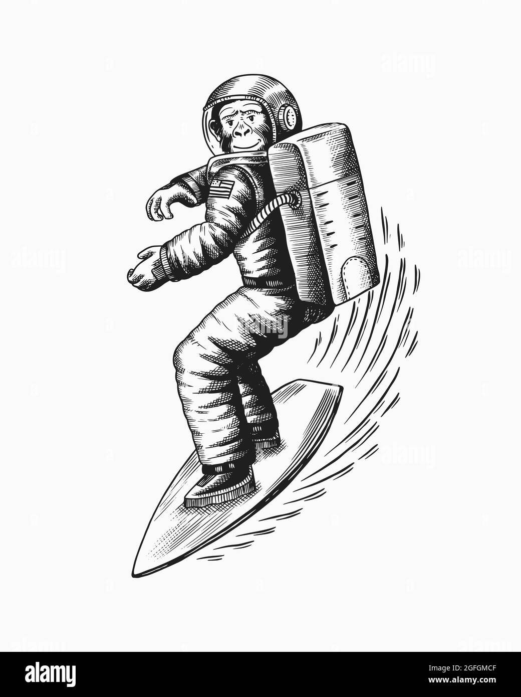 L'astronaute Monkey fait un surf... Chimpanzee Spaceman surfrider. Caractère cosmonaute. Animal à la mode. Ancienne ligne d'esquisse monochrome tracée à la main Illustration de Vecteur