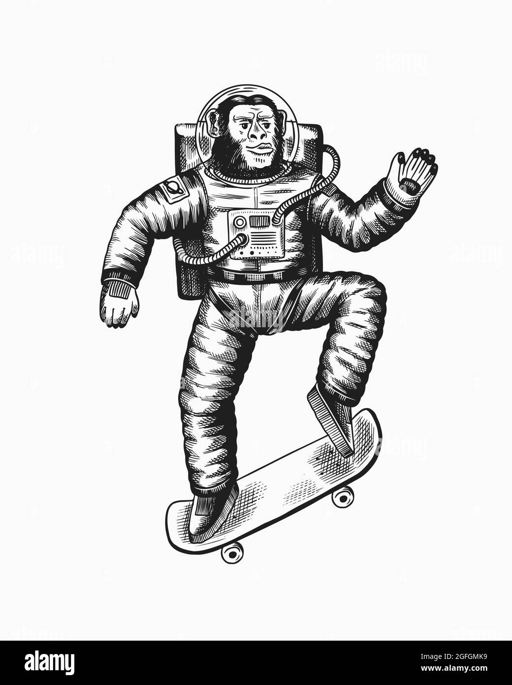 L'astronaute Monkey fait un skateboard. Des soars de chimpanzé sur le plateau. Caractère cosmonaute Spaceman. Animal à la mode. Gravé à la main Illustration de Vecteur