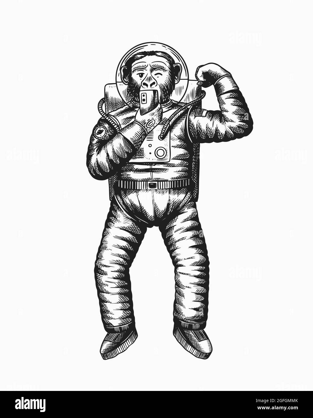 Monkey astronaute prend des selfies et joue avec des muscles. Chimpanzé cosmonaute cosmonaute. Animal à la mode. Gravé à la main Illustration de Vecteur
