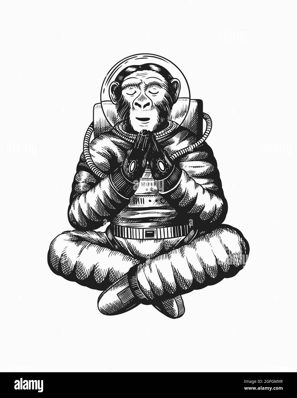 L'astronaute de singe médite dans une posture de yoga. Chimpanzé cosmonaute cosmonaute. Animal à la mode. Ancien croquis monochrome gravé à la main Illustration de Vecteur