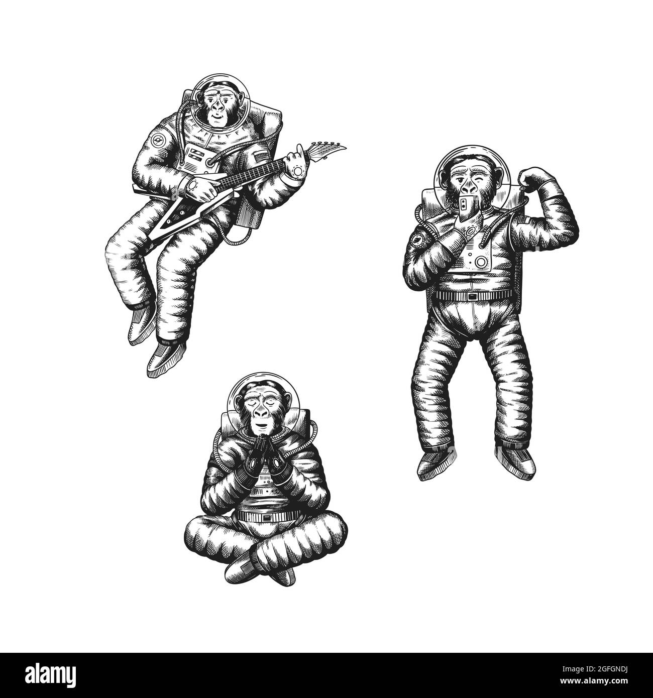 Monkey astronaute singe prend un selfie, médite avec une guitare. Chimpanzee spaceman cosmonaut personnages. Espace astronomique. Cosmonaute drôle Illustration de Vecteur