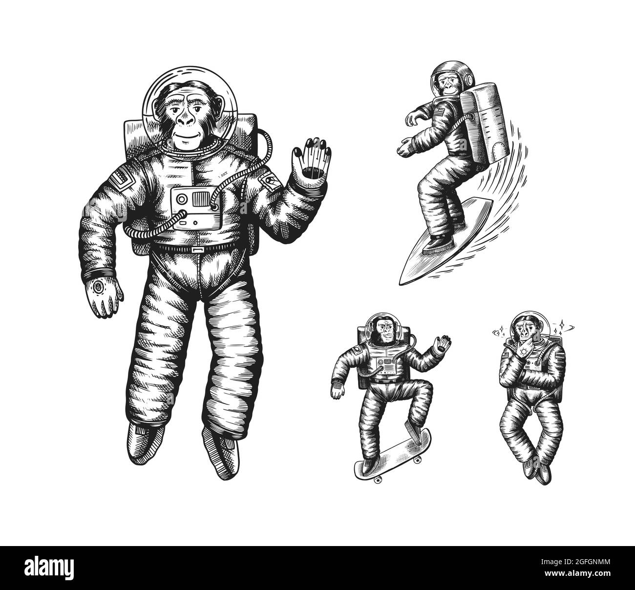 Monkey astronaute à faire du skateboard et du surf des neiges. Chimpanzé cosmonaute cosmonaute. Animal à la mode. Ancien monochrome gravé à la main Illustration de Vecteur