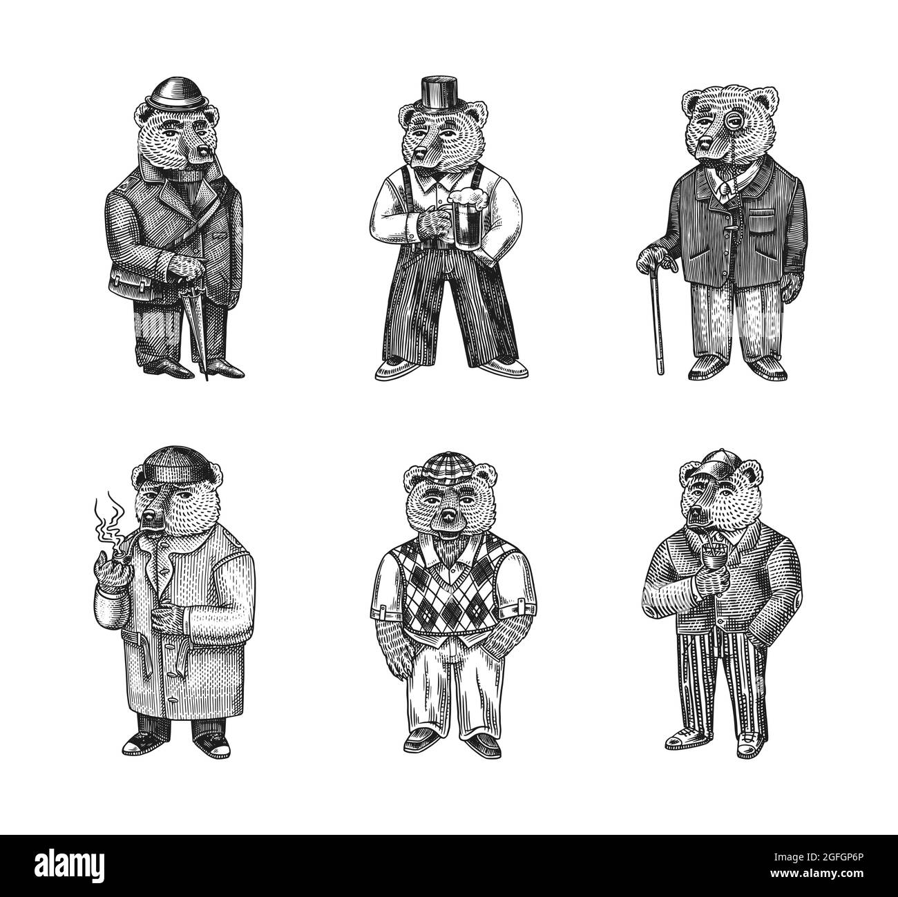 Ours en costume vintage avec bière. Motif animal tendance dans une veste en tweed. Esquisse dessinée à la main. Look rétro. Illustration vectorielle gravée pour le logo et Illustration de Vecteur
