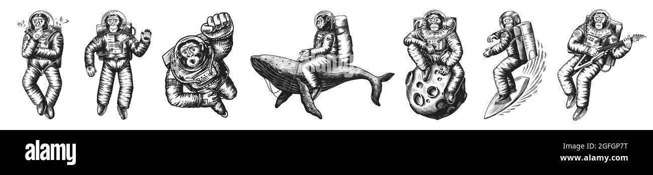Astronaute de singe avec baleine, guitare, skateboard et lune. Jeu de personnages de chimpanzee spaceman cosmonaut. Espace astronomique de la galaxie. Cosmonaute drôle Illustration de Vecteur