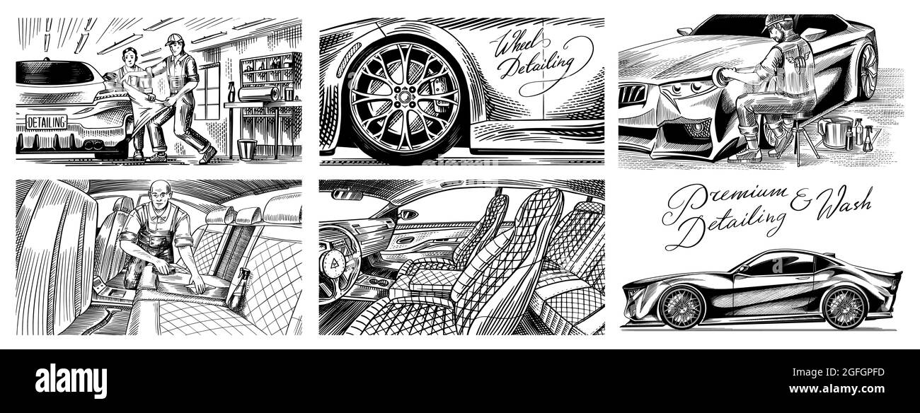 siège de voiture en cuir. Habillage automatique. Moteur de nettoyage à sec. Spécialiste de l'emballage mettant le film de film de vinyle. Service après-vente ou centre automobile. Un homme Illustration de Vecteur
