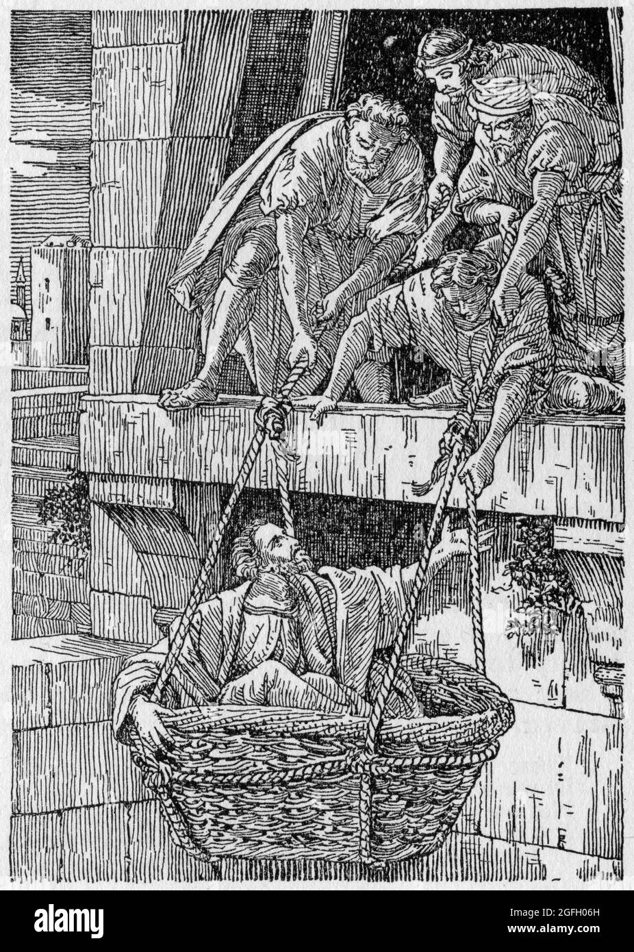 Gravure de l'Apôtre Paul s'échappant d'une émeute à Damas dans un panier, publié en 1916 Banque D'Images