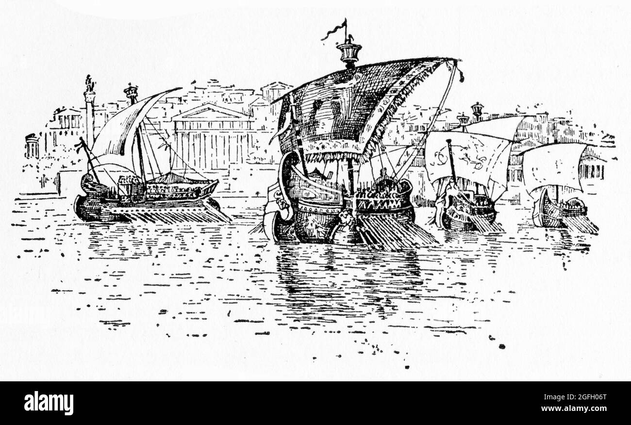 Gravure des anciennes gallées romaines se mettant en mer au premier siècle, publié en 1916 Banque D'Images