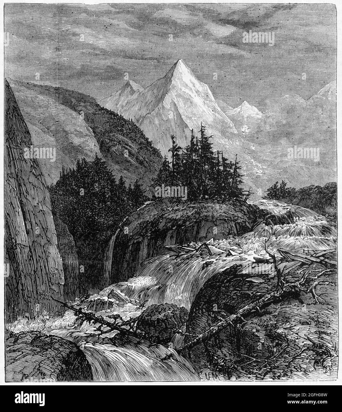 Gravure d'un torrent de montagne dans les alpes suisses à la fin des années 1800 Banque D'Images