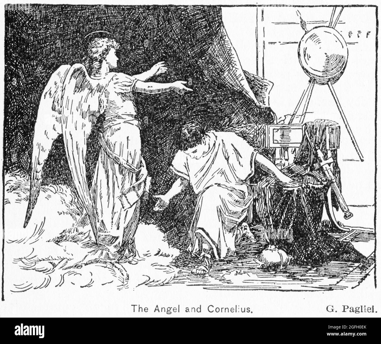 Gravure de l'Ange apparaissant à Cornelius, un centurion romain, et la première gentile à être converti dans le Nouveau Testament, publié en 1916 Banque D'Images