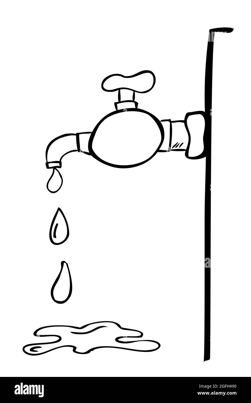 Contour dessin à la main du vecteur dessiner le robinet d'eau au mur, l'eau de déversement et l'eau d'éclatement, isolés sur du blanc Illustration de Vecteur