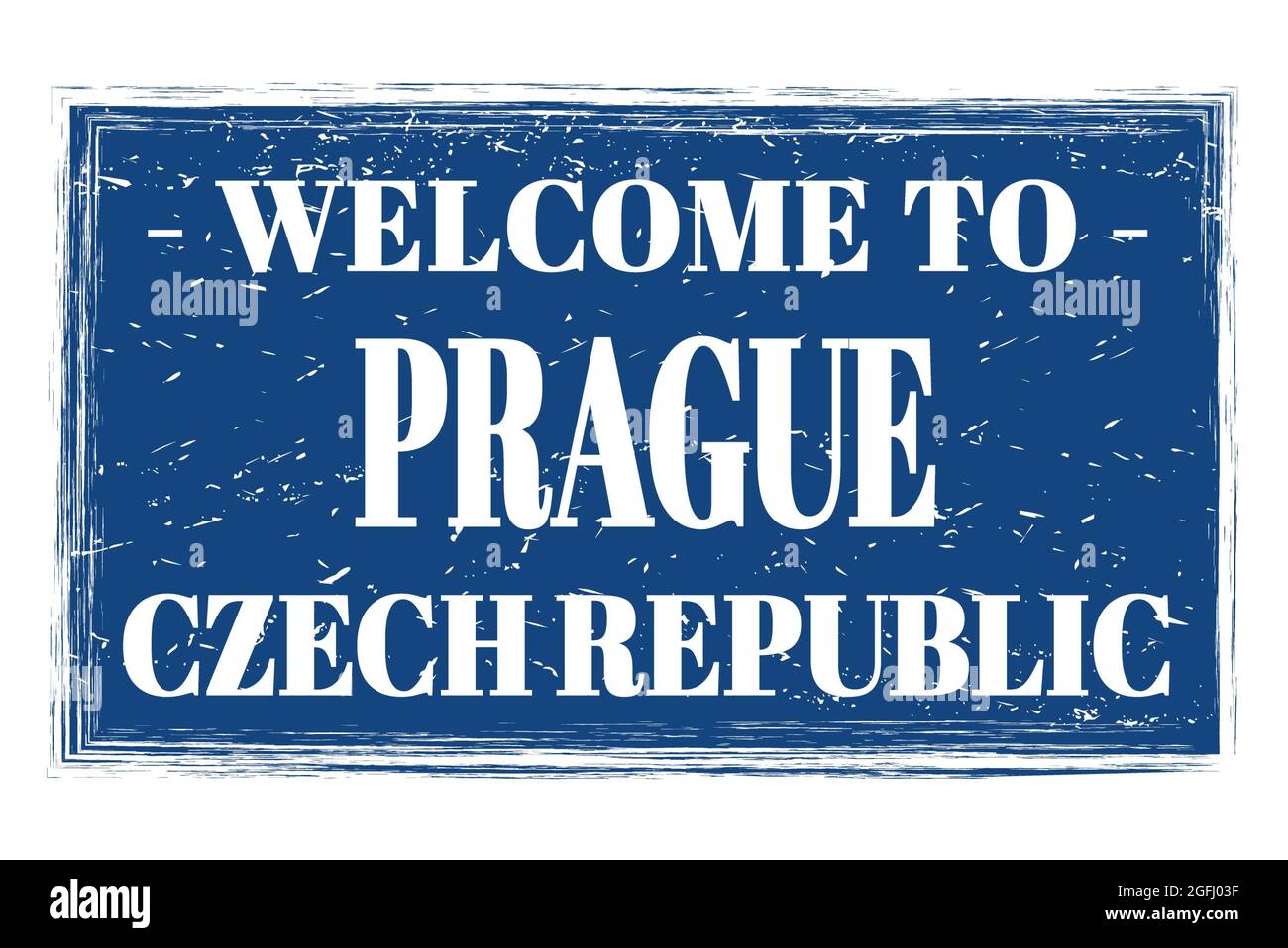 BIENVENUE À PRAGUE - RÉPUBLIQUE TCHÈQUE, mots écrits sur le cachet de poste rectangle bleu Banque D'Images
