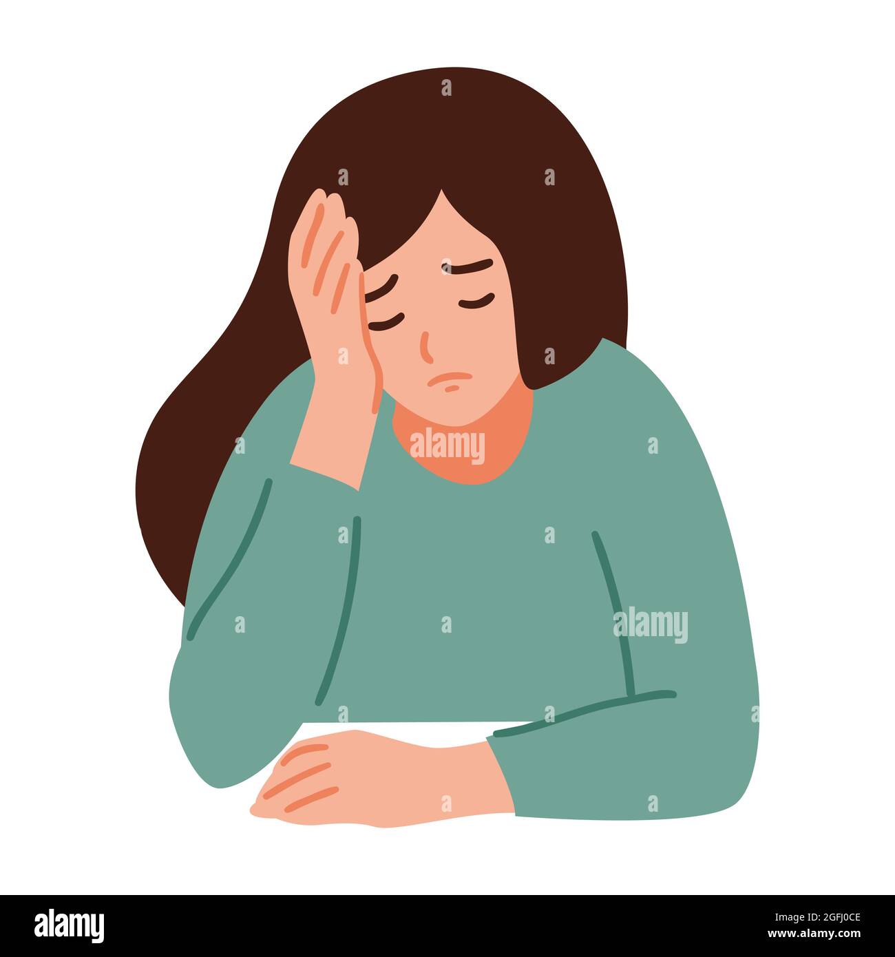 Une femme a un mal de tête. La fille ressent de l'anxiété et de la dépression. Concept de santé psychologique. Nerveux, apathie, tristesse, tristesse, malheureux, désespéré, m Illustration de Vecteur