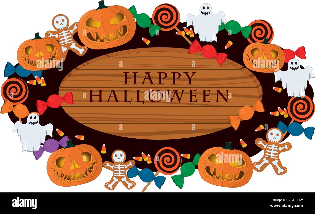 Joyeux halloween panneau en bois décoré de citrouilles et de bonbons illustration vectorielle Illustration de Vecteur