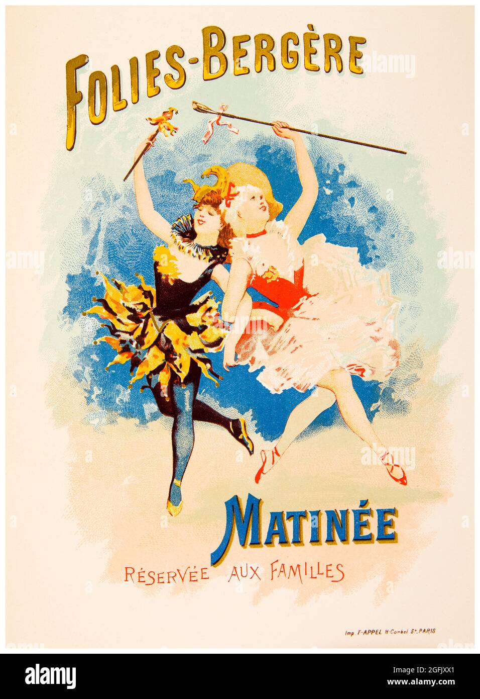 Folies-Bergère, affiche ancienne de la salle de musique parisienne du XIXe siècle, Mattiee performance publicitaire, 1897 Banque D'Images