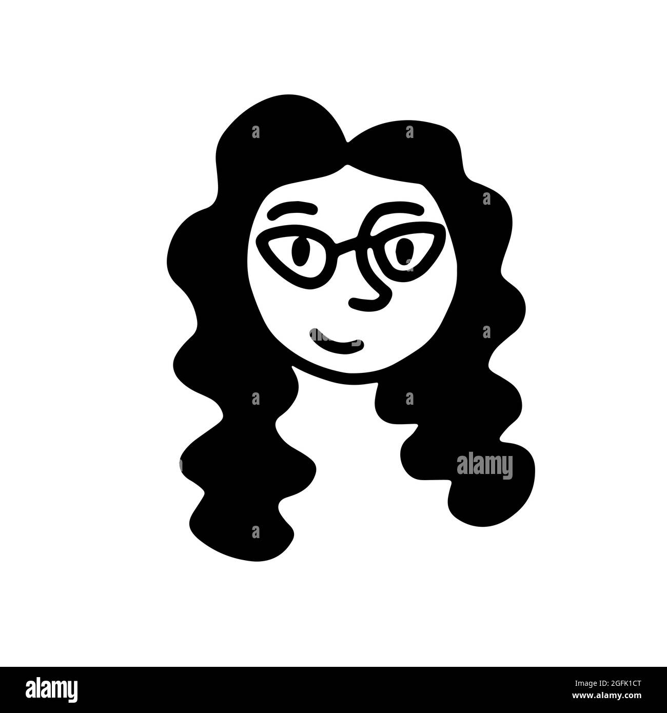 Doodle visage de fille. Contour humain dessiné à la main isolé sur fond blanc. Avatar minimaliste amusant. Caricature femme avec lunettes. Portrait de femme. Illustration de Vecteur