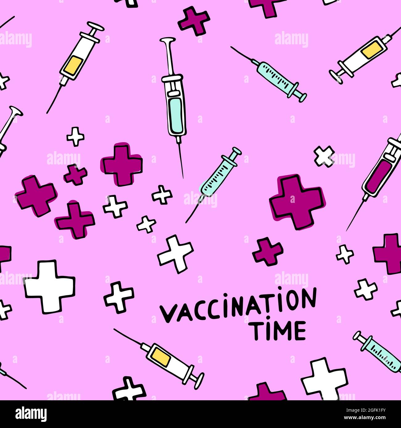 Il est temps de se faire vacciner. Motif médical couleur sans couture. Grippe, autres maladies, coronavirus, prévention des maladies, soins de santé. Image vectorielle avec phar Illustration de Vecteur