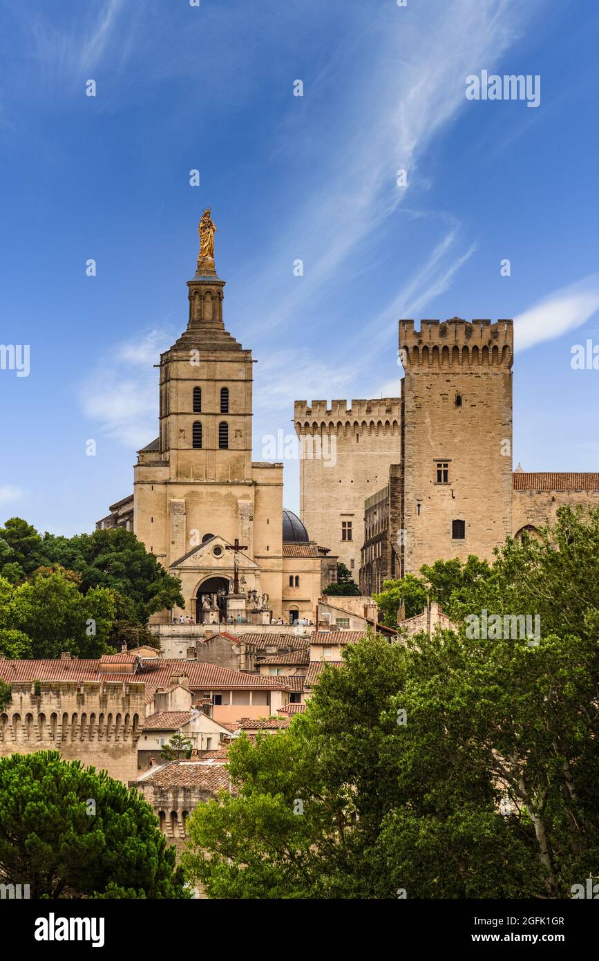 Cathédrale d'Avignon et Palais des Papes. Paysage urbain historique en France. Banque D'Images