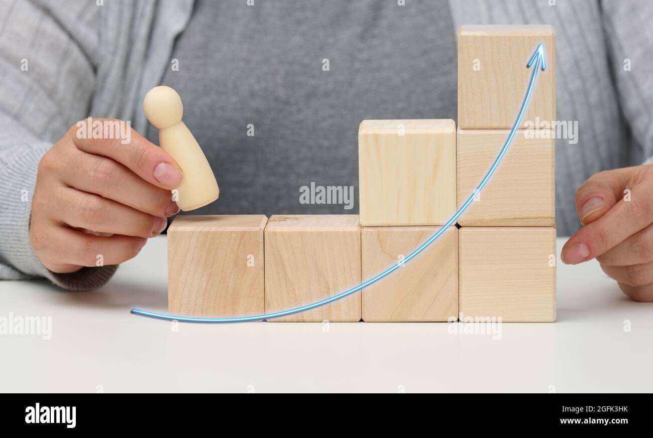 pyramides en cubes de bois et figurines d'hommes sur la table. Le concept de réalisation des objectifs, en passant à l'échelle de carrière. Détection d'esprit unique Banque D'Images